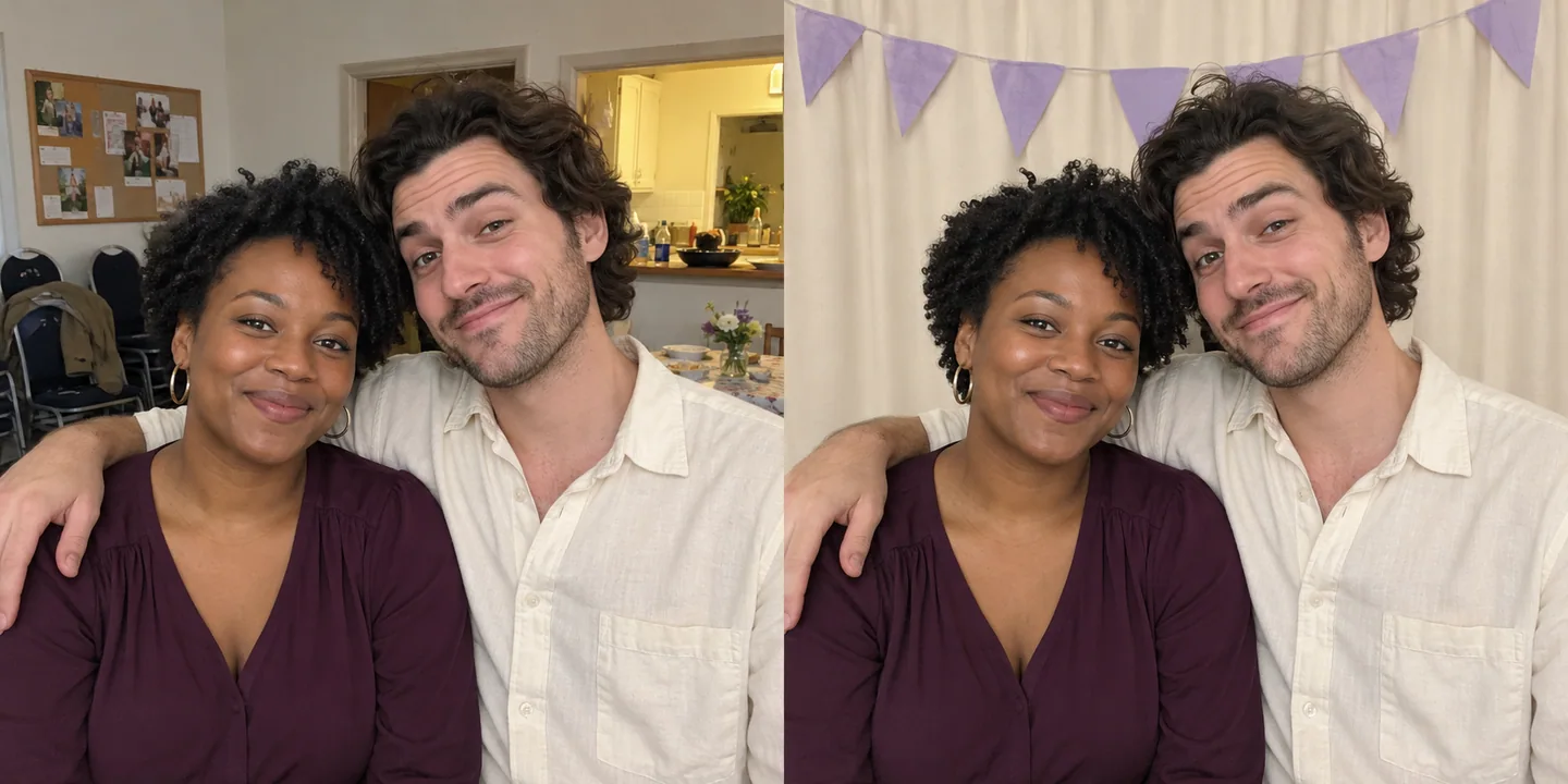 Comparison of a busy room and a simple backdrop behind booth guests