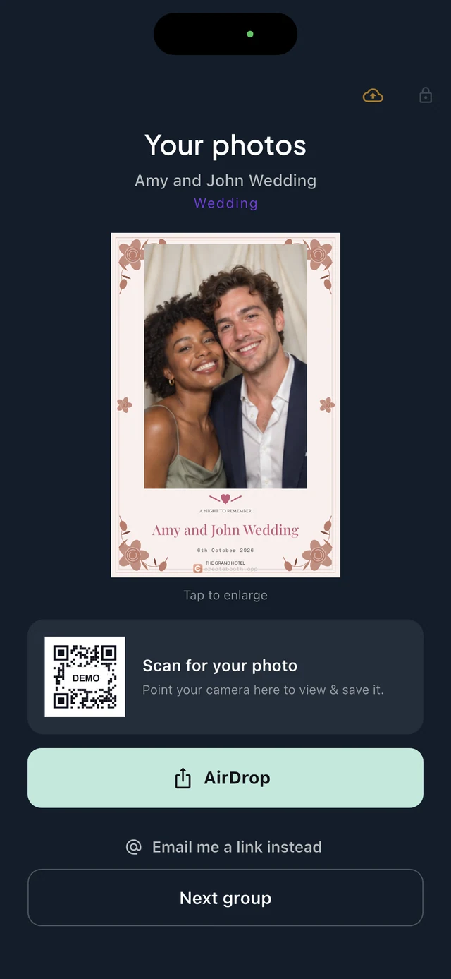 CreateBooth guest photo sharing screen