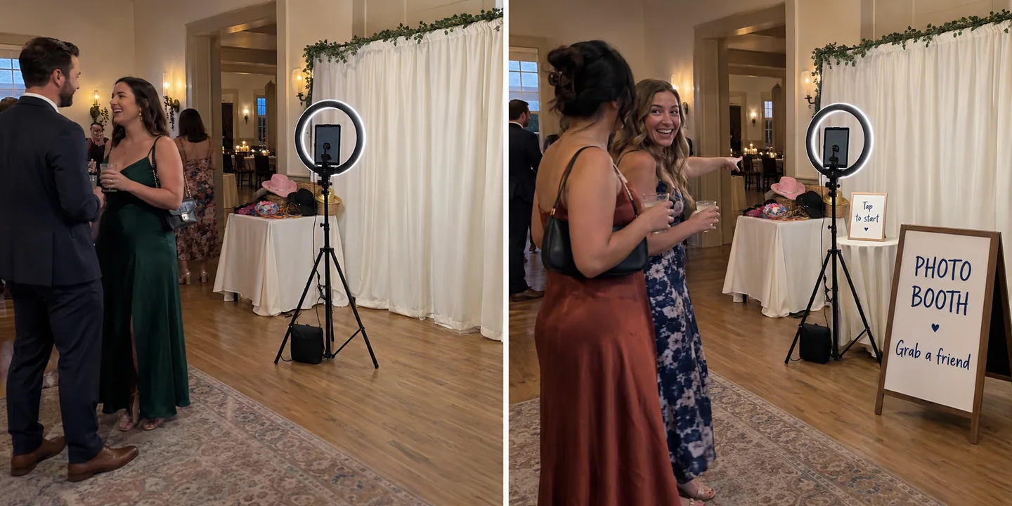 Photo booth corner with and without a clear invitation sign