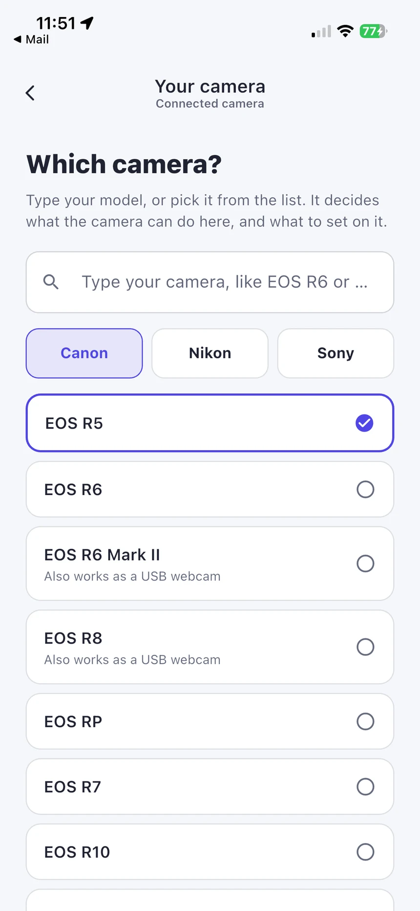 Select your camera model