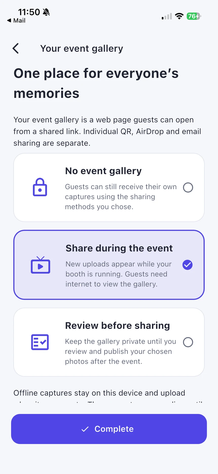 Event gallery sharing options