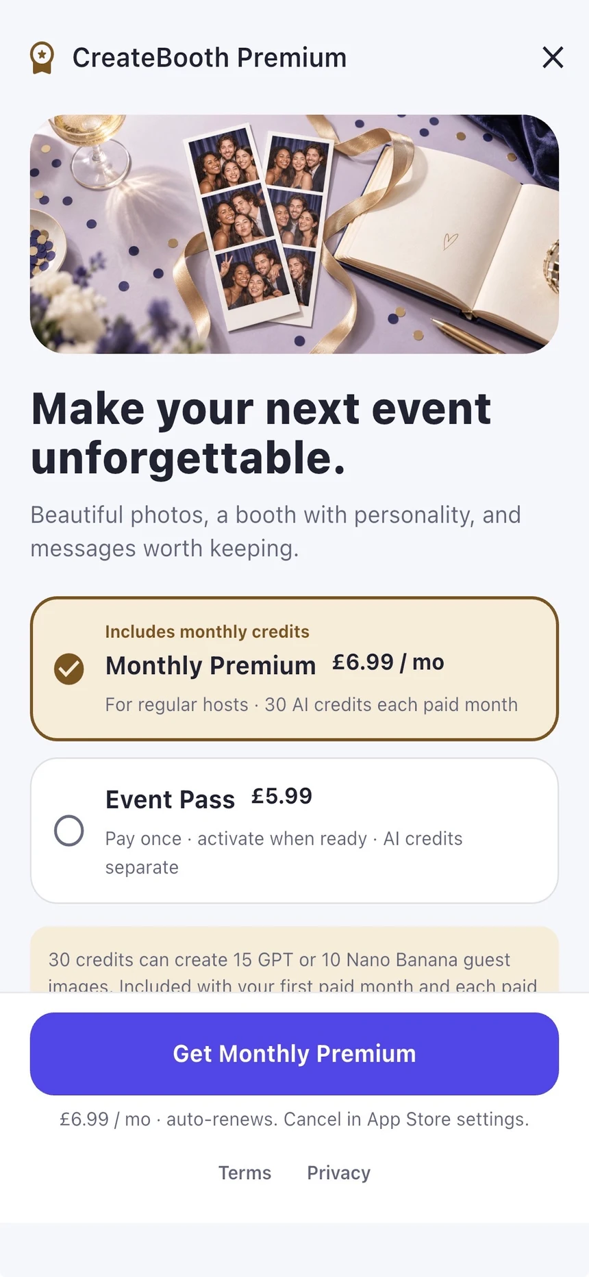 Monthly Premium and Event Pass choices