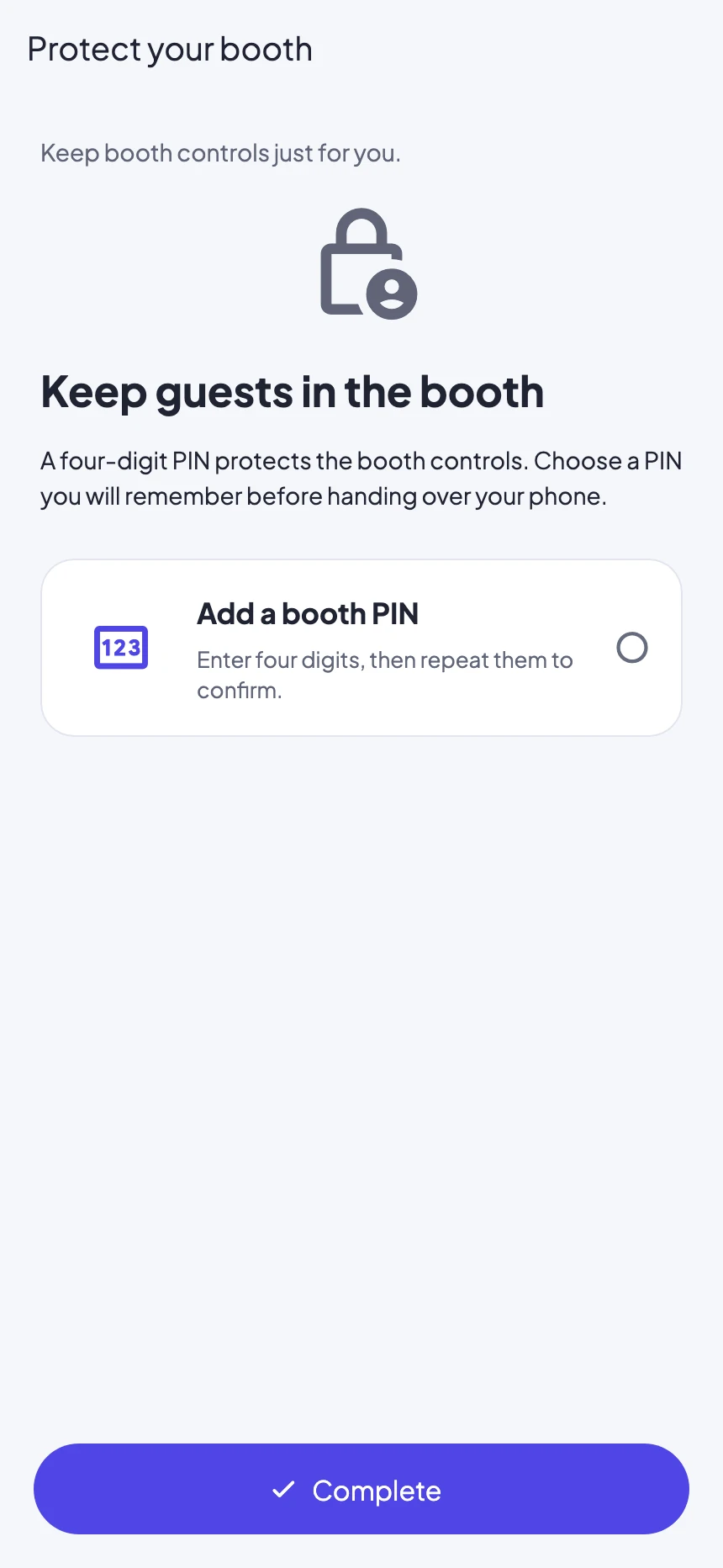 Protect CreateBooth controls with a PIN
