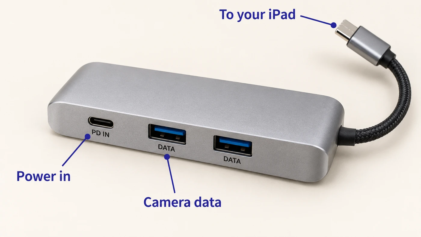Example USB-C hub with PD power input, USB data ports and an attached iPad connection