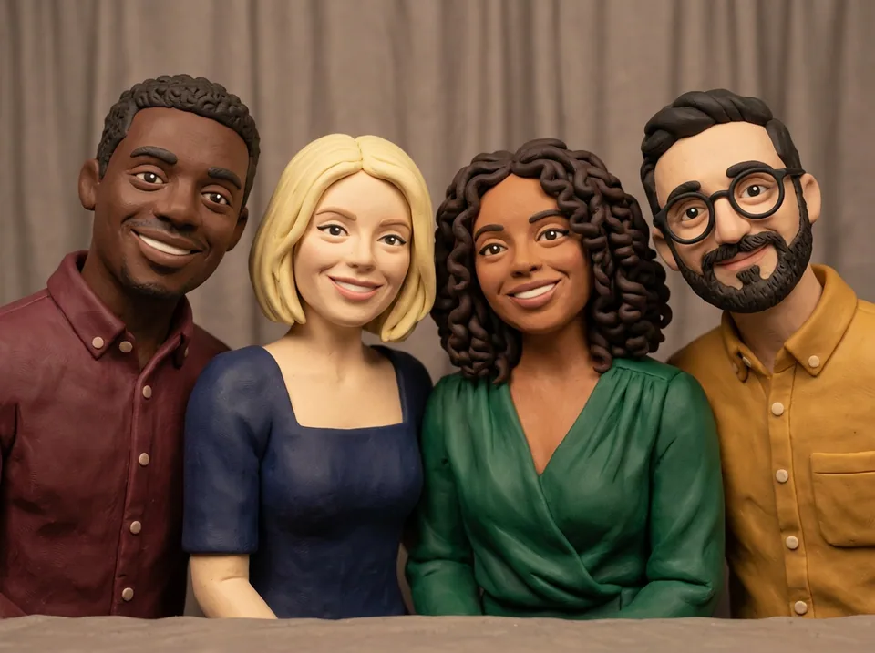 Four friends transformed into a clay-style illustration