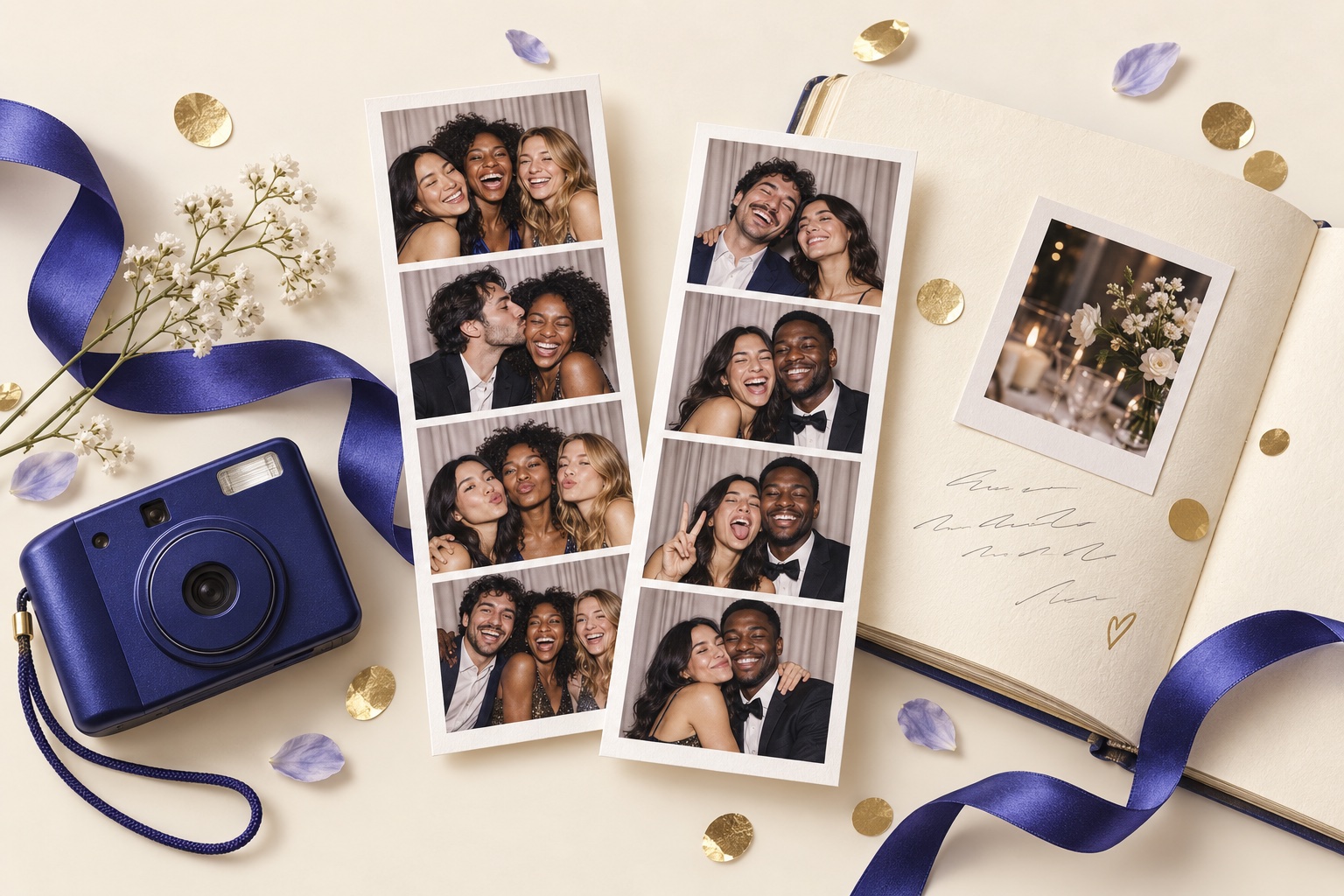 Photo strips and an open guestbook at a celebration